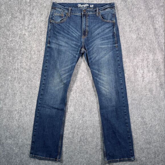 Wrangler Retro Slim Boot Jeans Mens 35x34 (Fits 35x33) Blue Denim Western Cowboy